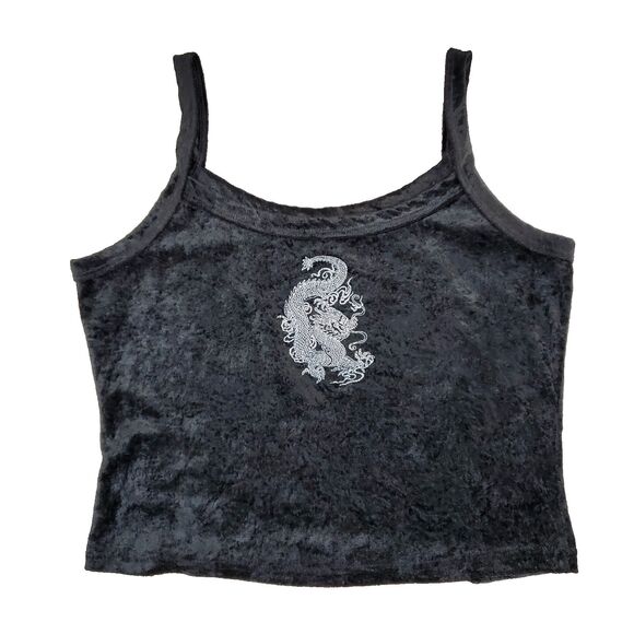 Y2K Black Whimsigoth Velvet Dragon Cami Tank Top Cropped M Dainty - Picture 1 of 6